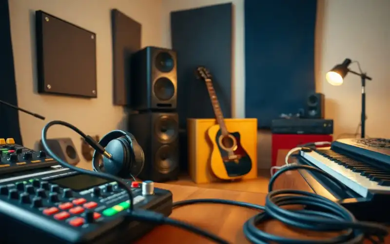 Musiker sitzt am Heimstudio-Schreibtisch mit Audio-Interface und Kopfhörern, Gitarre lehnt daneben