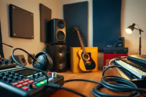 Musiker sitzt am Heimstudio-Schreibtisch mit Audio-Interface und Kopfhörern, Gitarre lehnt daneben