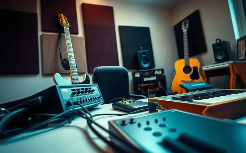 Musiker am Heimstudio-Schreibtisch mit Audio-Interface und Kopfhörern optimiert seine Produktseite für SEO