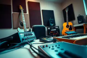 Musiker am Heimstudio-Schreibtisch mit Audio-Interface und Kopfhörern optimiert seine Produktseite für SEO