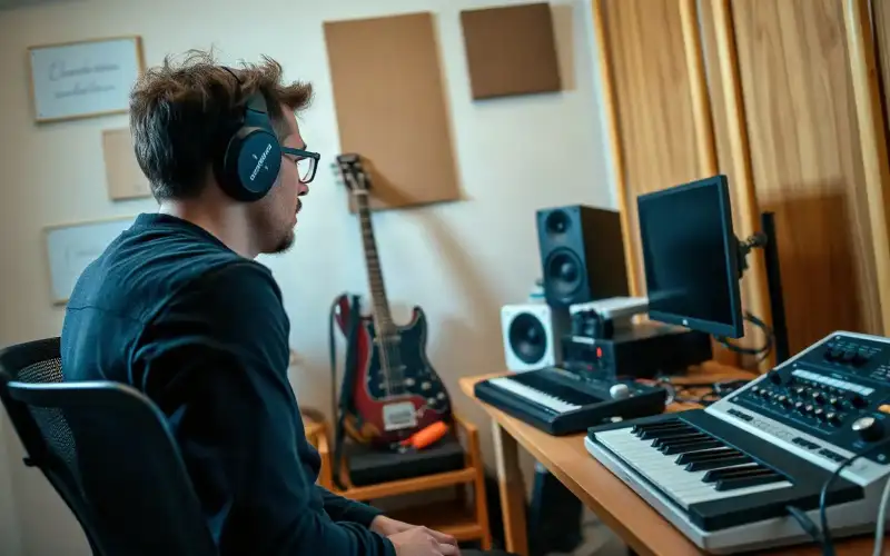 Musiker am Heimstudio-Schreibtisch mit Audio-Interface und Kopfhörern optimiert sein Amazon-Listing