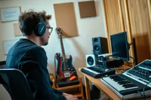 Musiker am Heimstudio-Schreibtisch mit Audio-Interface und Kopfhörern optimiert sein Amazon-Listing