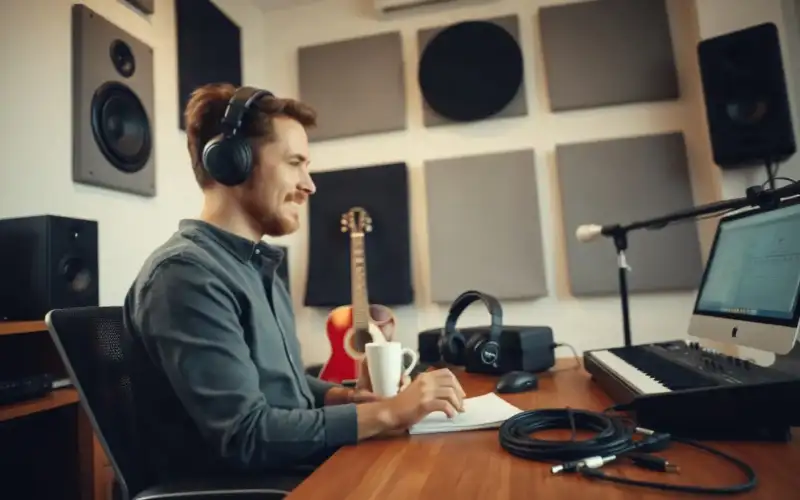 Musiker sitzt am Heimschreibtisch mit Interface und Laptop, nachdenklicher Blick, natürliches Licht