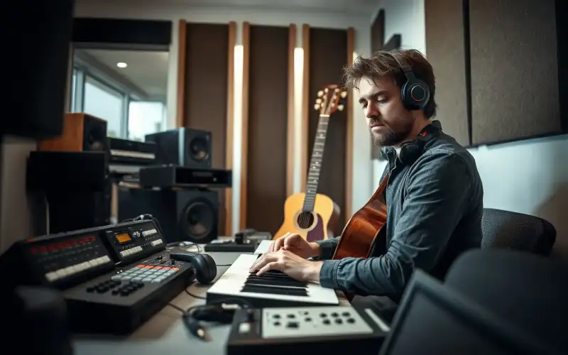 Musiker am Heimstudio-Schreibtisch mit Audio-Interface und Kopfhörern beim Aufnehmen der ersten Gitarre