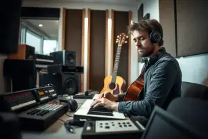 Musiker am Heimstudio-Schreibtisch mit Audio-Interface und Kopfhörern beim Aufnehmen der ersten Gitarre