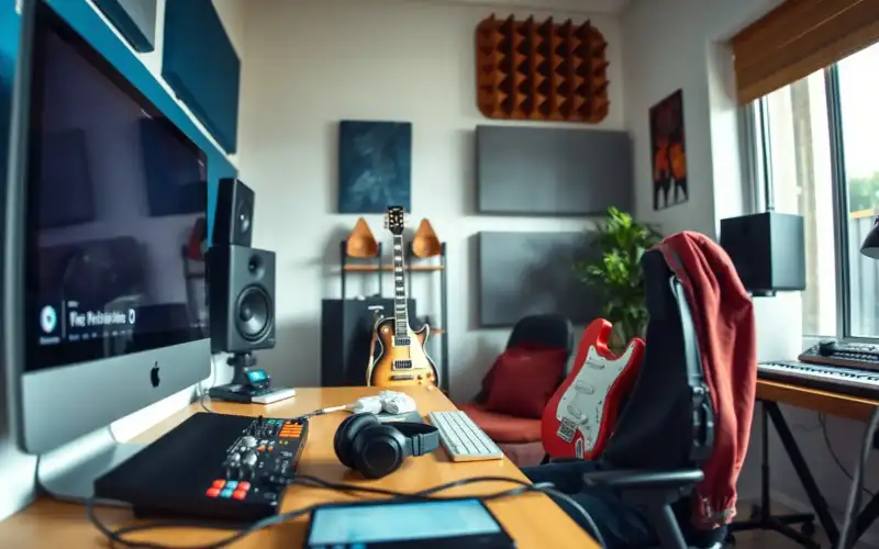 Musiker am Heimstudio-Schreibtisch mit Audio-Interface und Kopfhörern, symbolisiert die Wahl zwischen Amazon und eigenem Shop