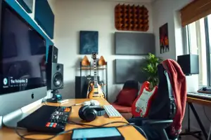 Musiker am Heimstudio-Schreibtisch mit Audio-Interface und Kopfhörern, symbolisiert die Wahl zwischen Amazon und eigenem Shop