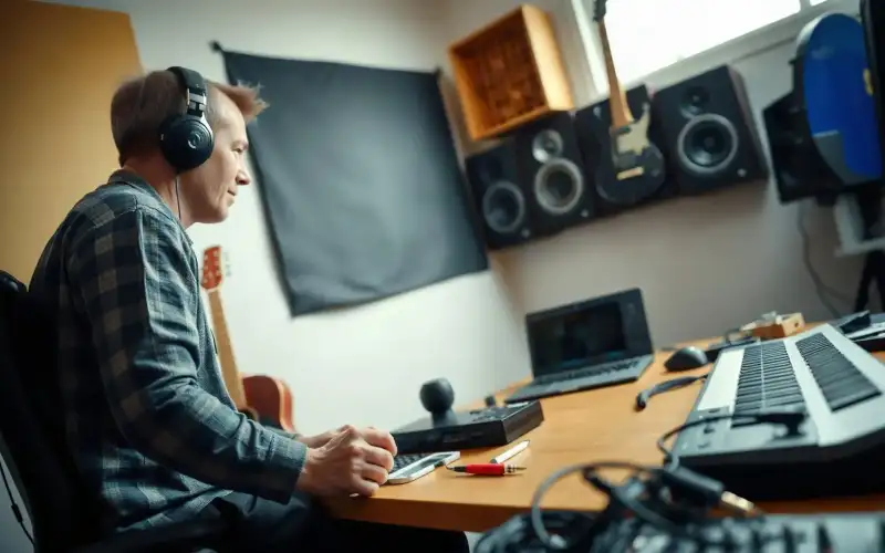 Musiker am Heimstudio-Schreibtisch mit Audio-Interface und Kopfhörern, symbolisiert Google- vs. Amazon-SEO-Strategien 2026