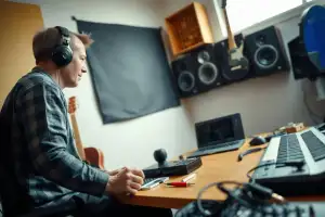 Musiker am Heimstudio-Schreibtisch mit Audio-Interface und Kopfhörern, symbolisiert Google- vs. Amazon-SEO-Strategien 2026