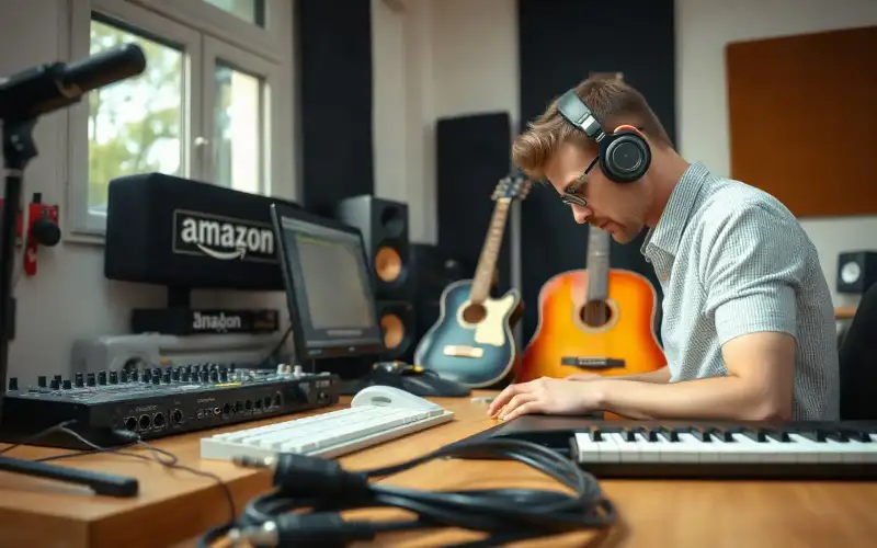 Musiker am Heimstudio-Schreibtisch mit Audio-Interface und Kopfhörern, umgeben von 10 Produktseiten auf dem Monitor