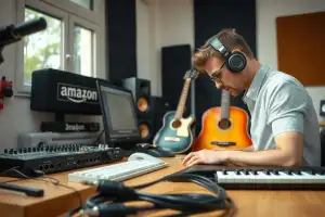 Musiker am Heimstudio-Schreibtisch mit Audio-Interface und Kopfhörern, umgeben von 10 Produktseiten auf dem Monitor