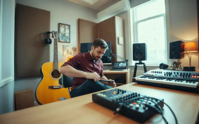 Musiker am Schreibtisch mit Audio-Interface und Kopfhörern kalkuliert Versandkosten im Home-Studio