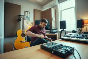 Musiker am Schreibtisch mit Audio-Interface und Kopfhörern kalkuliert Versandkosten im Home-Studio