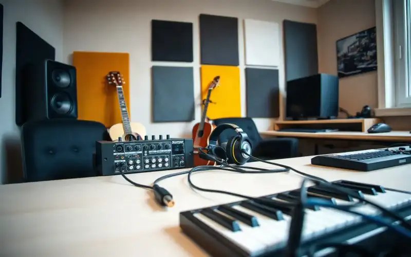 Musiker am Heimstudio-Schreibtisch mit Audio-Interface, Kopfhörern und Gitarre in natürlichem Licht