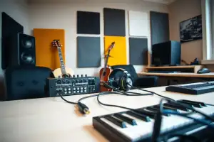Musiker am Heimstudio-Schreibtisch mit Audio-Interface, Kopfhörern und Gitarre in natürlichem Licht