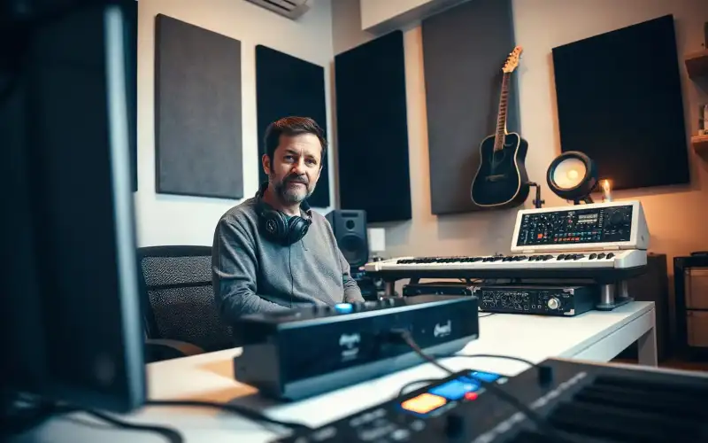 Musiker am Heimstudio-Schreibtisch mit Audio-Interface verwaltet professionell Retouren am Laptop