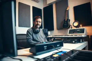 Musiker am Heimstudio-Schreibtisch mit Audio-Interface verwaltet professionell Retouren am Laptop