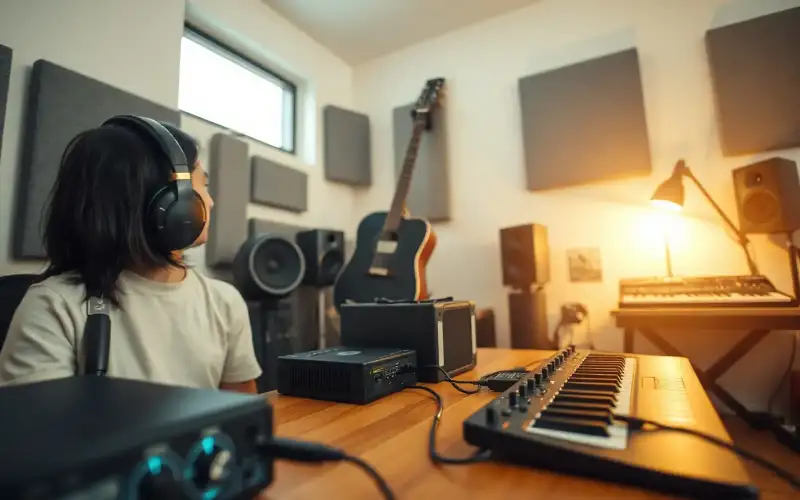 Musiker am Heimstudio-Schreibtisch mit Audiointerface, Studiomonitoren und Kopfhörern in natürlichem Licht