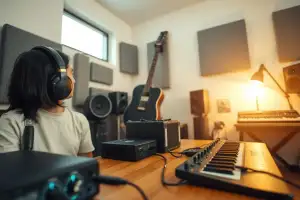 Musiker am Heimstudio-Schreibtisch mit Audiointerface, Studiomonitoren und Kopfhörern in natürlichem Licht