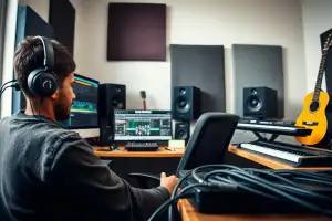 Musiker am Schreibtisch vergleicht eBay Kleinanzeigen und eBay Shop mit Audio-Interface im Heimstudio