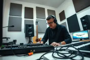 Musiker am Heimstudio-Schreibtisch vergleicht Shopify und WooCommerce 2026 für seinen Online-Shop