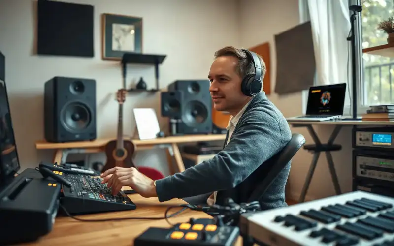 Musiker am Schreibtisch mit Audio-Interface, umgeben von 10 Online-Marktplätzen für Musikhändler