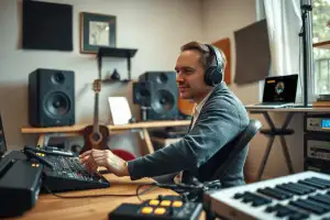 Musiker am Schreibtisch mit Audio-Interface, umgeben von 10 Online-Marktplätzen für Musikhändler
