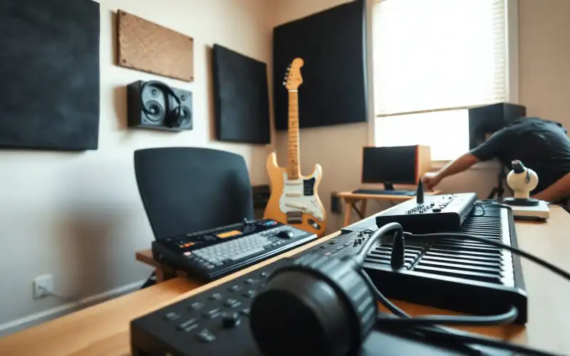 Musiker am Heimstudio-Schreibtisch mit MIDI-Interface, Kopfhörern und Gitarre bei natürlichem Licht
