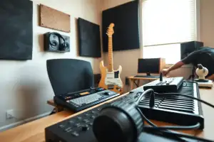 Musiker am Heimstudio-Schreibtisch mit MIDI-Interface, Kopfhörern und Gitarre bei natürlichem Licht