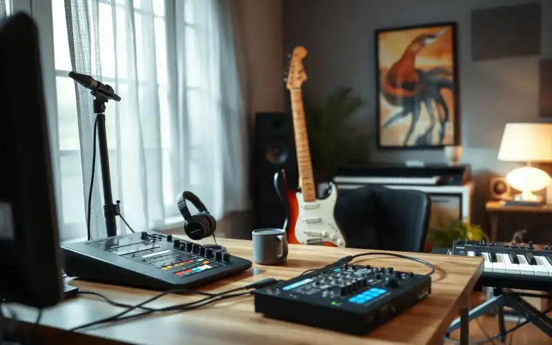 Musiker am Heimstudio-Schreibtisch mit Audio-Interface, Amazon A+ Content Beispiel für Musikgeräte