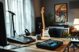 Musiker am Heimstudio-Schreibtisch mit Audio-Interface, Amazon A+ Content Beispiel für Musikgeräte