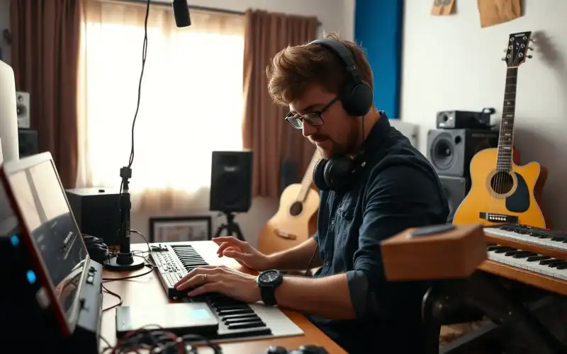 Musiker am Heimstudio-Schreibtisch mit Audio-Interface, Kopfhörern und Gitarre in natürlichem Licht