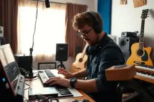 Musiker am Heimstudio-Schreibtisch mit Audio-Interface, Kopfhörern und Gitarre in natürlichem Licht