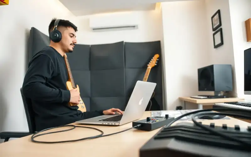 Musiker am Heimstudio-Schreibtisch vergleicht DHL, DPD und Hermes als Versandoptionen für Onlinehändler