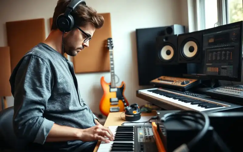 Musiker sitzt am Heimschreibtisch mit Audio-Interface und erstellt ein Amazon-Verkäuferkonto am Laptop