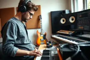 Musiker sitzt am Heimschreibtisch mit Audio-Interface und erstellt ein Amazon-Verkäuferkonto am Laptop