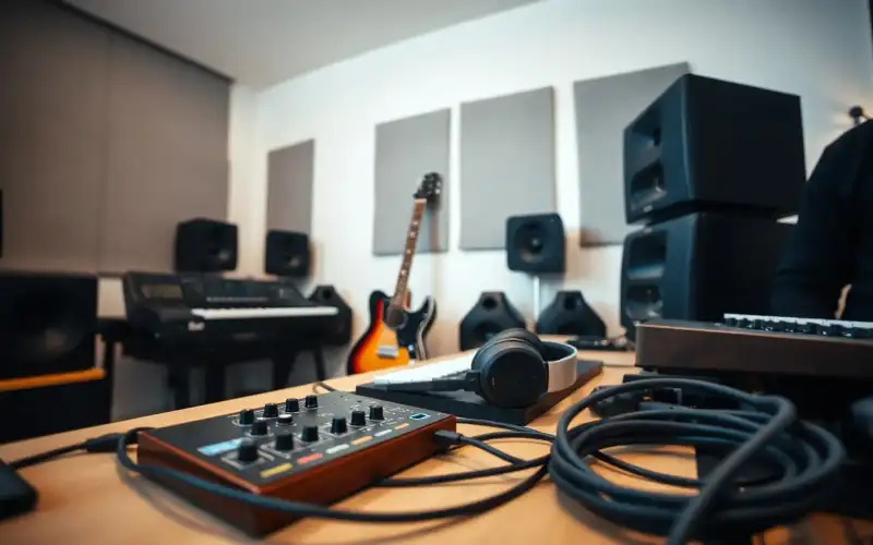 Musiker am Heimstudio-Schreibtisch mit Audio-Interface und Kopfhörern in natürlichem Licht