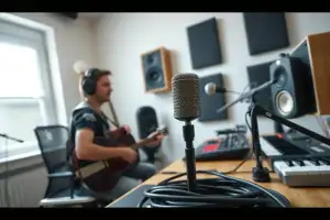 Musiker am Heimstudio-Schreibtisch mit Mikrofon, Audio-Interface, Kopfhörern und Gitarre in natürlichem Licht