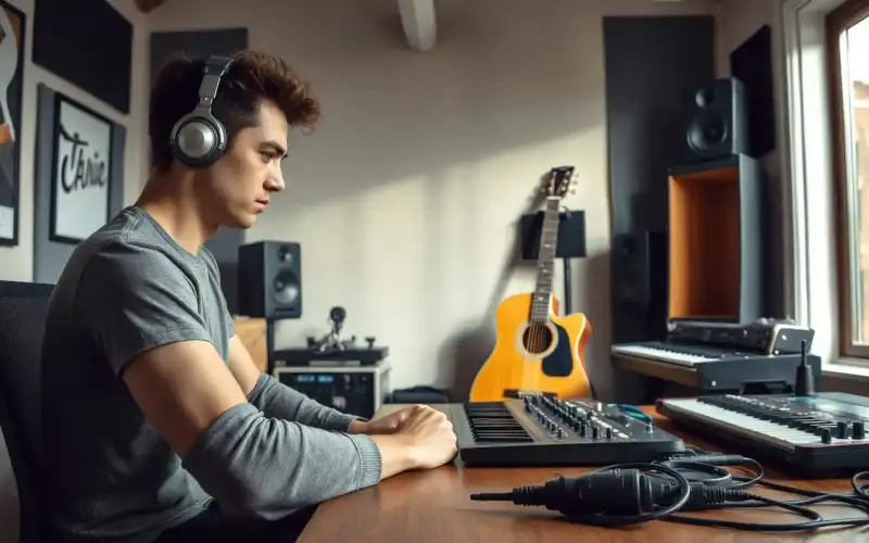 Musiker am Heimstudio-Schreibtisch mit Audio-Interface, Kopfhörern und Gitarre vergleicht FBM und FBA