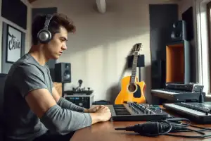 Musiker am Heimstudio-Schreibtisch mit Audio-Interface, Kopfhörern und Gitarre vergleicht FBM und FBA