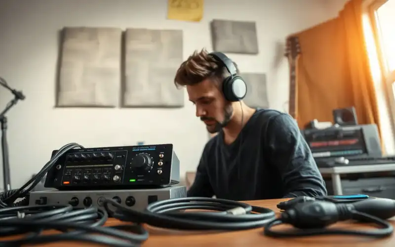 Musiker am Heimstudio-Schreibtisch mit Audio-Interface und Kopfhörern, natürliche Beleuchtung, 5 häufige Shop-Fehler verme...