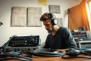 Musiker am Heimstudio-Schreibtisch mit Audio-Interface und Kopfhörern, natürliche Beleuchtung, 5 häufige Shop-Fehler verme...