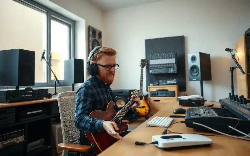 Musiker am Heimstudio-Schreibtisch mit Audio-Interface und Kopfhörern für professionelle Online-Aufnahmen