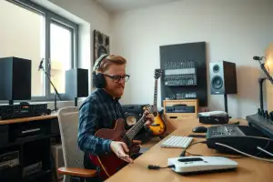 Musiker am Heimstudio-Schreibtisch mit Audio-Interface und Kopfhörern für professionelle Online-Aufnahmen