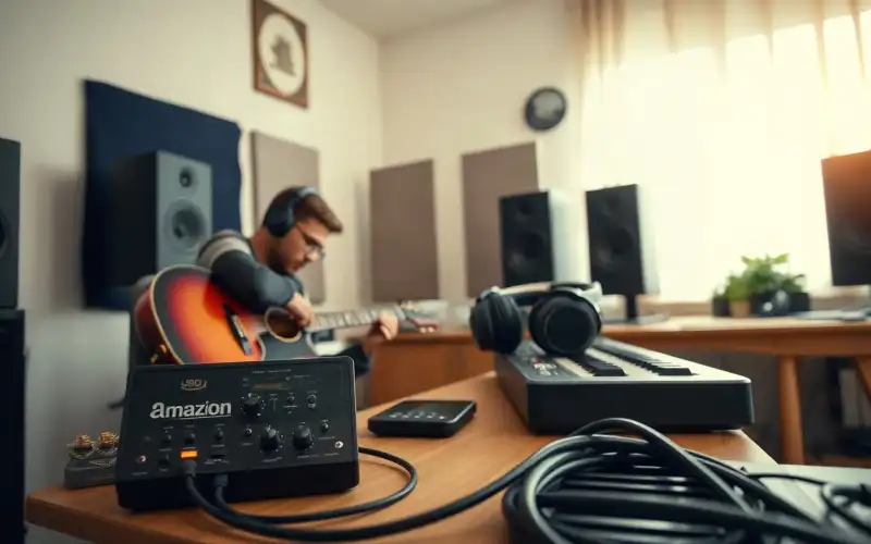 Musiker am Heimstudio-Schreibtisch mit Audio-Interface und Kopfhörern optimiert Amazon-Produktlistings am PC