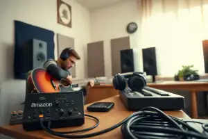 Musiker am Heimstudio-Schreibtisch mit Audio-Interface und Kopfhörern optimiert Amazon-Produktlistings am PC