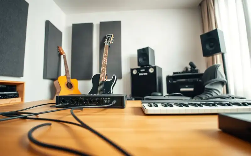 Musiker am Schreibtisch mit Audio-Interface prüft Zahlungsmethoden im Online-Musikshop