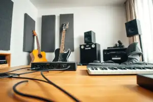 Musiker am Schreibtisch mit Audio-Interface prüft Zahlungsmethoden im Online-Musikshop