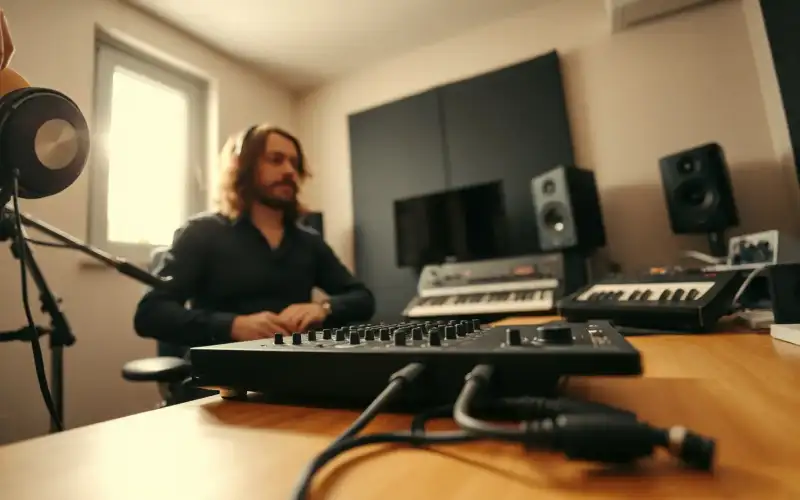 Musiker am Heimstudio-Schreibtisch mit Audio-Interface und Kopfhörer für professionelle Produktfotos