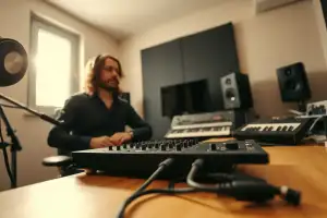 Musiker am Heimstudio-Schreibtisch mit Audio-Interface und Kopfhörer für professionelle Produktfotos